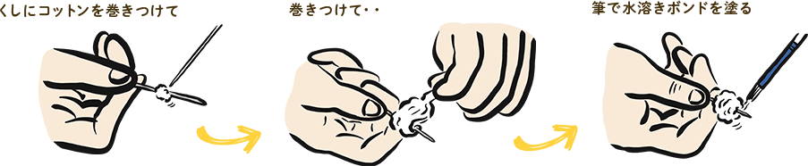 くしにコットンを巻きつけて → 巻きつけて・・ → 筆で水溶きボンドを塗る