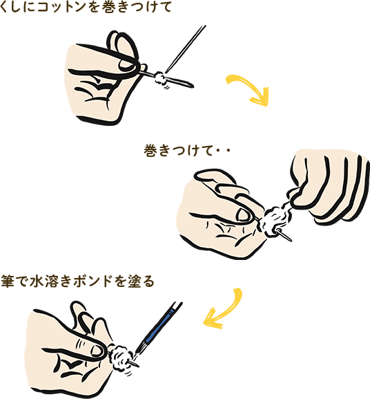 くしにコットンを巻きつけて → 巻きつけて・・ → 筆で水溶きボンドを塗る
