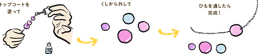 トップコートを塗って → くしから外して → ひもを通したら完成！