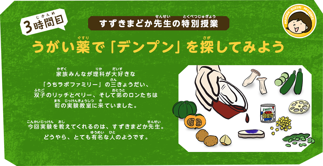 すずきまどか先生の特別授業[3時間目]うがい薬で「デンプン」を探してみよう｜家族みんなが理科が大好きな「うちラボファミリー」の三きょうだい、双子のリッチとベリー、そして弟のロンたちは町の実験教室に来ていました。今回実験を教えてくれるのは、すずきまどか先生。どうやら、かなり有名な人のようです。