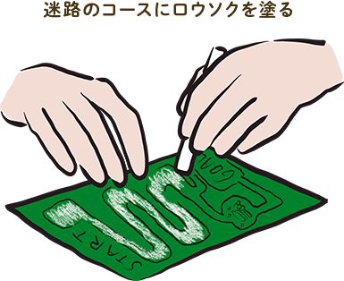 迷路のコースにロウソクを塗る