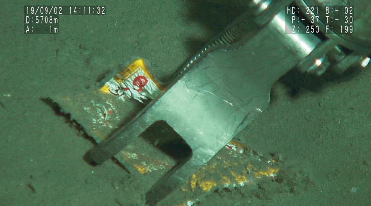海底のプラスチックごみを拾っているようす