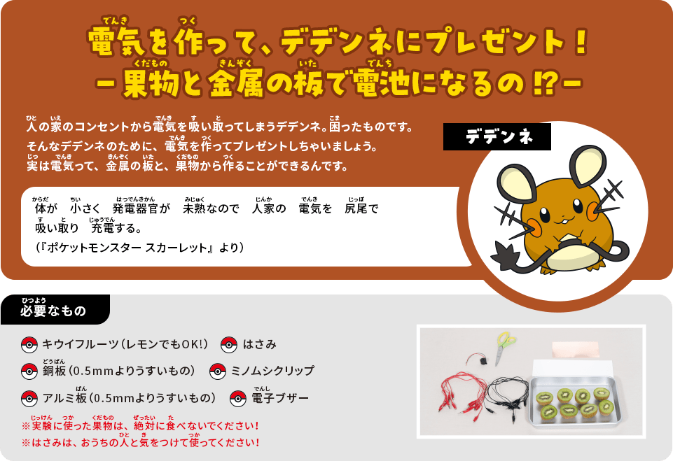 電気を作って、デデンネにプレゼント！－果物と金属の板で電池になるの!?－