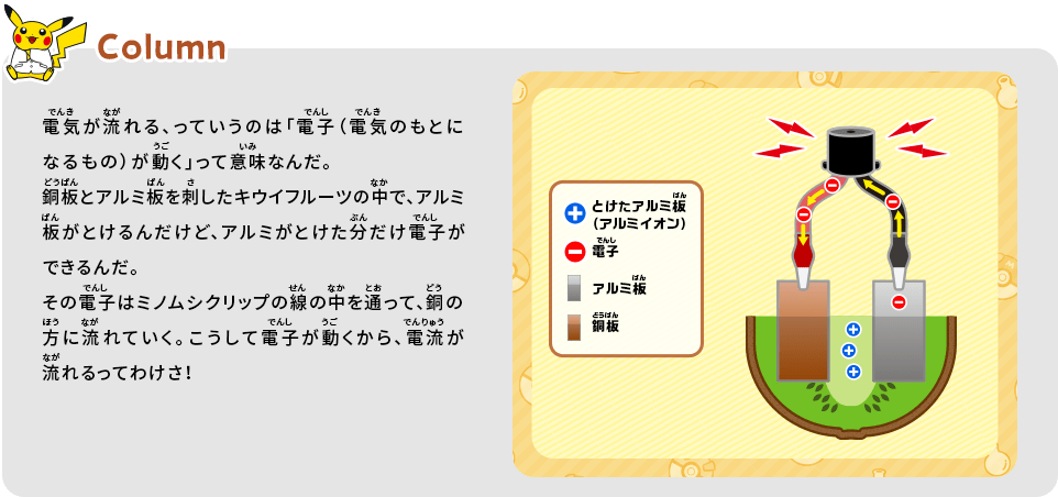 電気が流れる、っていうのは「電子（電気のもとになるもの）が動く」って意味なんだ。銅とアルミの板を刺したキウイの中で、アルミ板がとけるんだけど、アルミがとけた分だけ電子ができるんだ。その電子はミノムシクリップの線の中を通って、銅の方に流れていく。こうして電子が動くから、電流が流れるってわけさ！