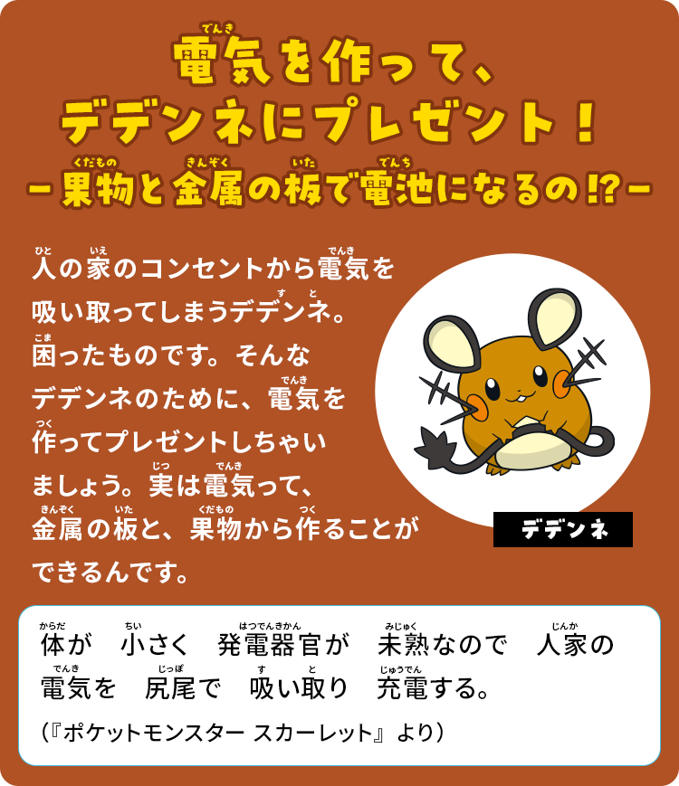 電気を作って、デデンネにプレゼント！－果物と金属の板で電池になるの!?－